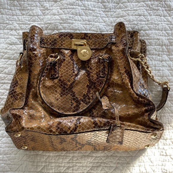Michael Kors “Hamilton” Snake Embossed Sand Brown Tote - Picture 3 of 5